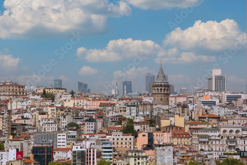 View of Galata Tower of Istanbul in Turkey. Sky and cloud background. View of Istanbul. Turkish name: Galata Kulesi. August, 2022.
