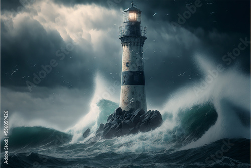lighthouse on a stormy day, front view. Generated AI