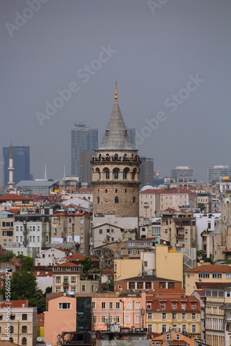 View of Galata Tower of Istanbul in Turkey. Sky and cloud background. View of Istanbul. Turkish name  Galata Kulesi. August  2022.