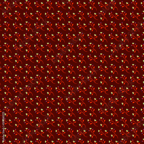 Cute fabric pattern with simple small orange green blue floral motifs on a dark red wine, burgundy, crimson