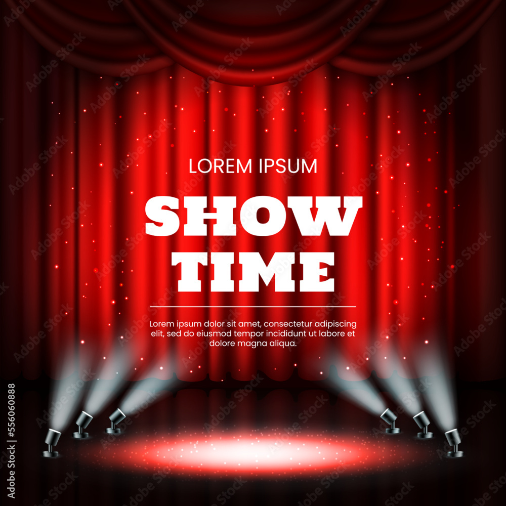 Red theater curtains, broadway casino background. Showtime award, cinema star lights, luxury open show hall. Drapery and spotlights. Banner template. Vector background 3D elements - obrazy, fototapety, plakaty 
