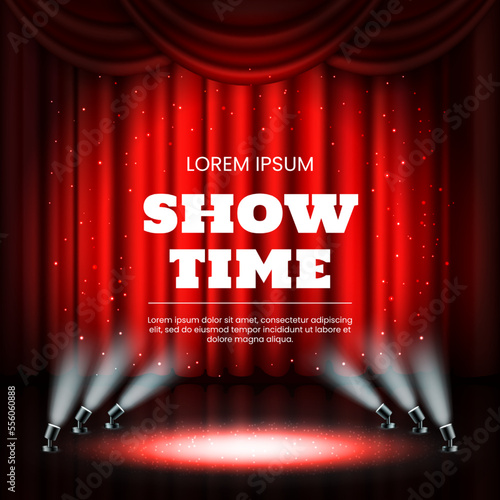 Red theater curtains, broadway casino background. Showtime award, cinema star lights, luxury open show hall. Drapery and spotlights. Banner template. Vector background 3D elements