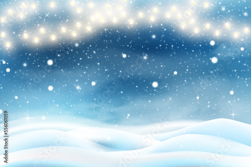 Holiday winter snow, christmas scene. Snowy night lights, outdoor sky celebration landscape with gerland, frozen tree forest. Merry Xmas backdrop. Snowfall wallpaper. Vector cartoon background