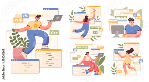 PC work. Computer programmer character. People in internet industry creating website. Programming language. Developers laptop screen window. Backend java coders set. Vector illustrations
