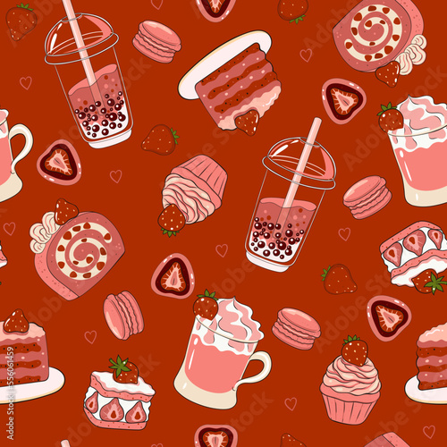 Seamless pattern with strawberry desserts and drinks. Vector graphics.