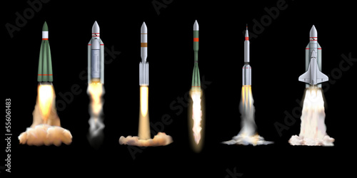 Rocket launch. Spaceship start. Realistic cosmic ship engine. Shuttle smoke jet. Spacecraft in universe. Rocketship flight. Galaxe exploration. Vector 3D space vehicles illustration set