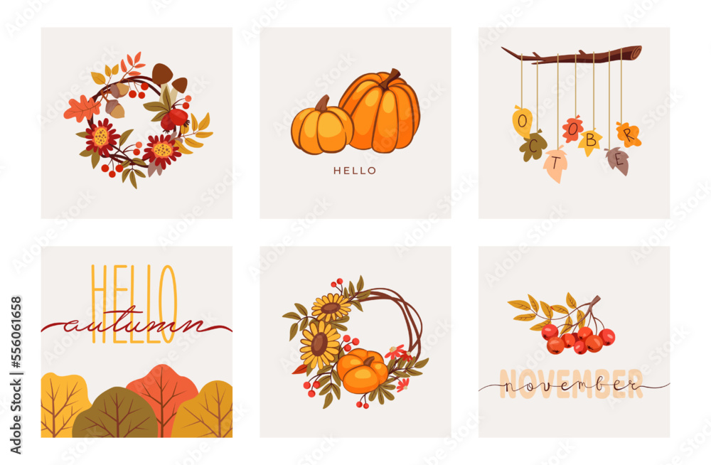 Fall thanksgiving pumpkins, hello autumn square cards. September doodle orange trees, halloween maple leaves, mushrooms and flowers. Decor frames and borders. Vector illustration posters set
