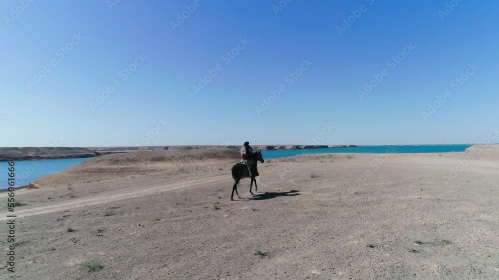 Rider on a horse moves along a deserted seashore Rider on a horse moves along a deserted seashore