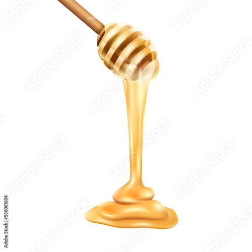 Honey drop, wood drip, gold syrup. Liquid golden orange food, healthy wood spoon stick, fresh natural dessert. Liquid dripping. Cooking ingredient 3d element. Vector realistic illustration