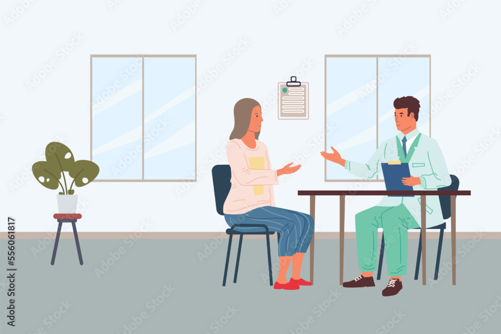 Fototapeta premium Patients examination. Doctors consultation. Woman at appointment with physician in hospital. Specialist consulting person in clinic. Medicine and health checkup. Vector illustration