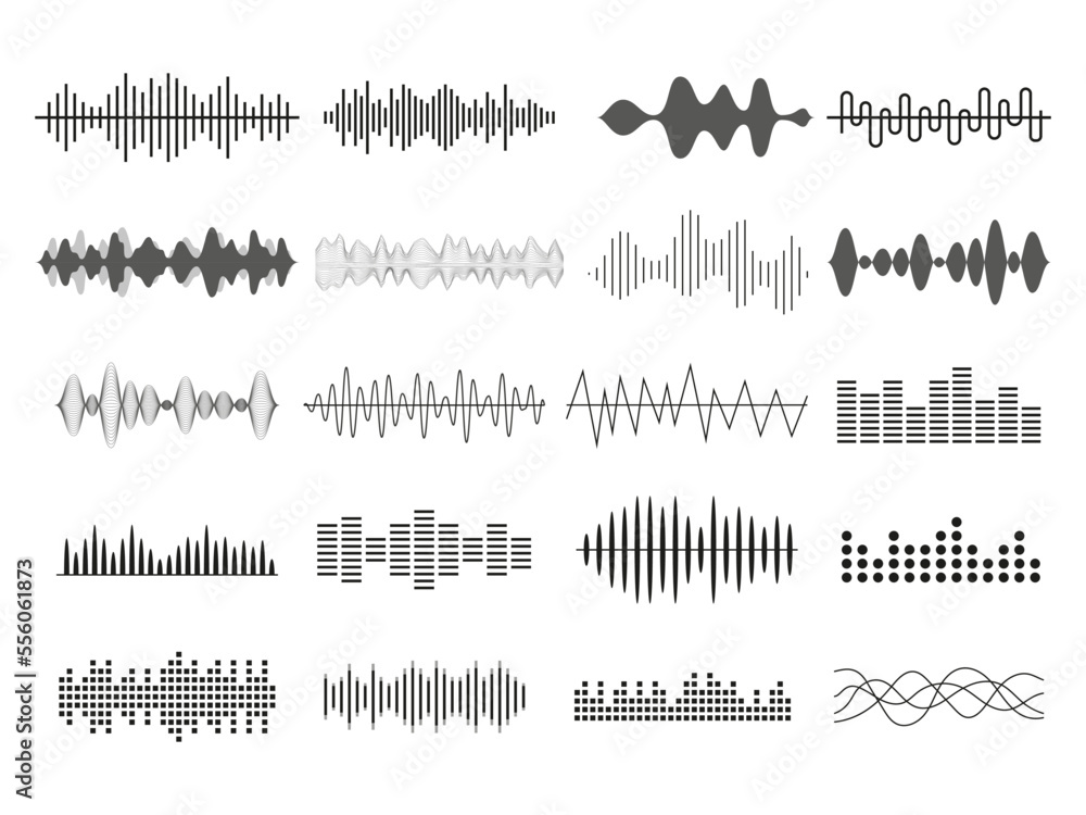 Music sound. Audio equalizer. Radio soundwave. Voice frequency. Waveform icons. DJ mixer. Musical beat charts set. Wavelength signal. Abstract stereo pulse shapes. Vector line pattern - obrazy, fototapety, plakaty 