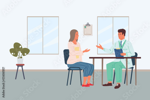 Patients examination. Doctors consultation. Woman at appointment with physician in hospital. Specialist consulting person in clinic. Medicine and health checkup. Vector illustration