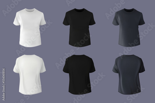 Black, white and gray T-shirt mockup. Blank kid or men short sleeve, top boy apparel, editable male sportswear sweatshirt. Casual textile clothing front and back view. Vector design mock up