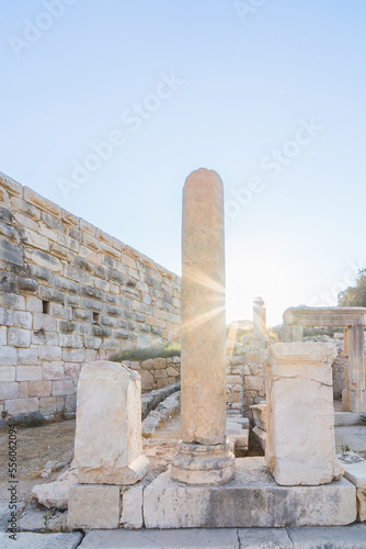 Ancient city columns of Patara (Pttra) with blue sky. The ancient city of Patara (Pttra) at sunset. Patara (Pttra). Ruins of the ancient Lycian city. Antalya Turkey