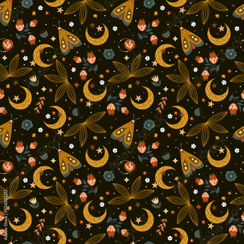 Magic illustration crescent, moth, flowers. vector pattern