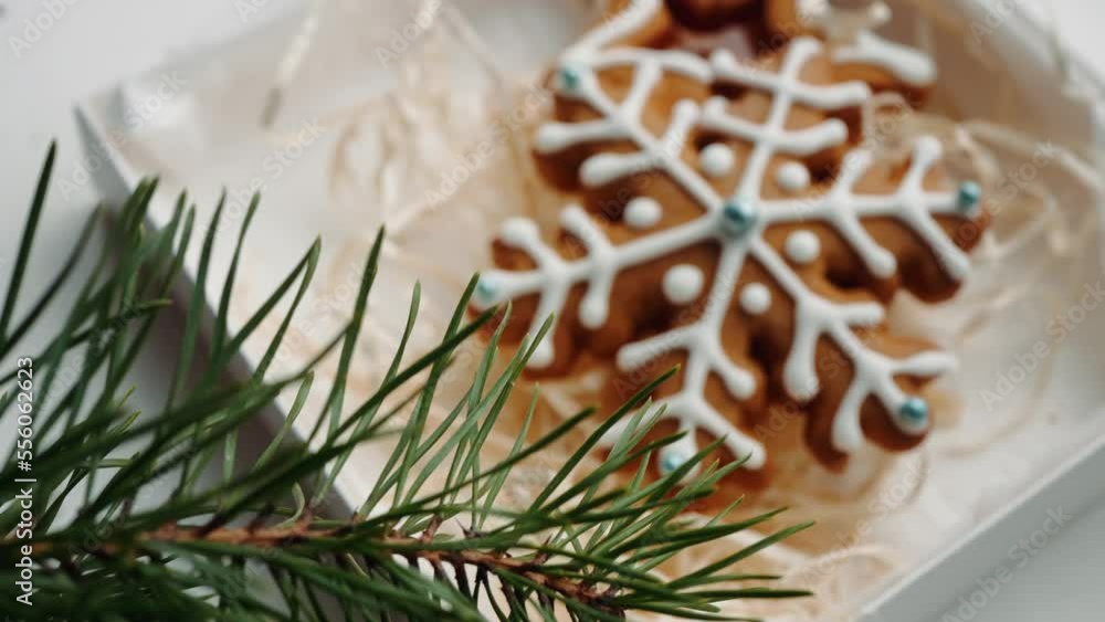 Christmas gingerbread cookies lie in a white box with straw near a pine branch. Christmas cookies with icing. cookie in the form of a snowflake with blue dots. gingerbread lies on a white table. Christmas gingerbread cookies lie in a white box with straw near a pine branch. Christmas cookies with icing. cookie in the form of a snowflake with blue dots. gingerbread lies on a white table.