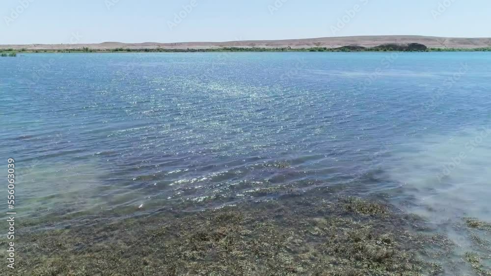 Drone cam flies above lake waters in the middle of desert Drone cam flies above lake waters in the middle of desert