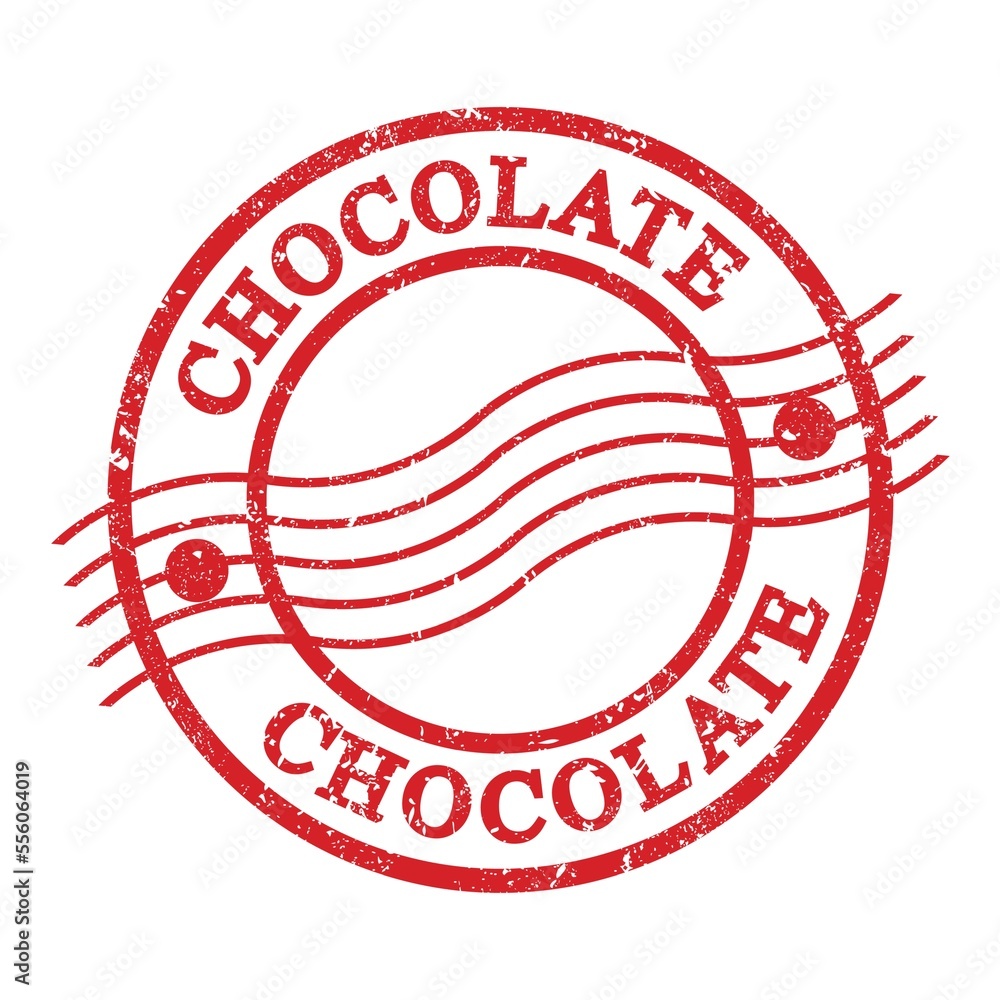 CHOCOLATE, text written on red postal stamp. CHOCOLATE, text written on red postal stamp.
