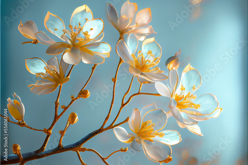 Light Blue and Gold Blossoms on Branch. Generative ai
