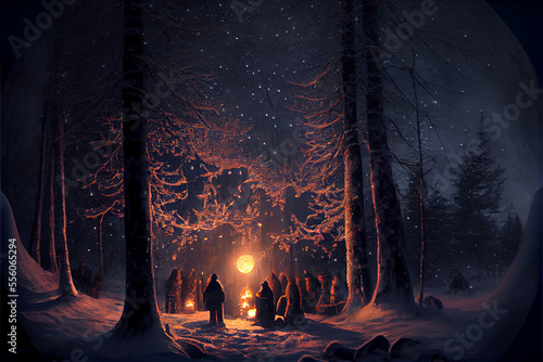 Winter Solstice Celebration in Forest. Generative ai photo