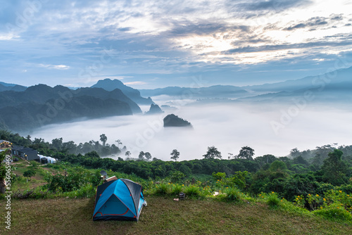 landscape of mountains fog and tent Phu Lanka National Park Phayao province north of Thailand