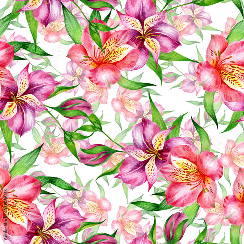 Fototapeta Naklejka Na Ścianę i Meble -  
Watercolor alstroemeria flowers in a seamless pattern. Can be used as fabric, wallpaper, wrap.