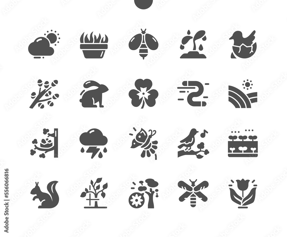 Spring nature. Trees are blooming. Grass grows. Spring rains. Butterfly and flower. Vector Solid Icons. Simple Pictogram