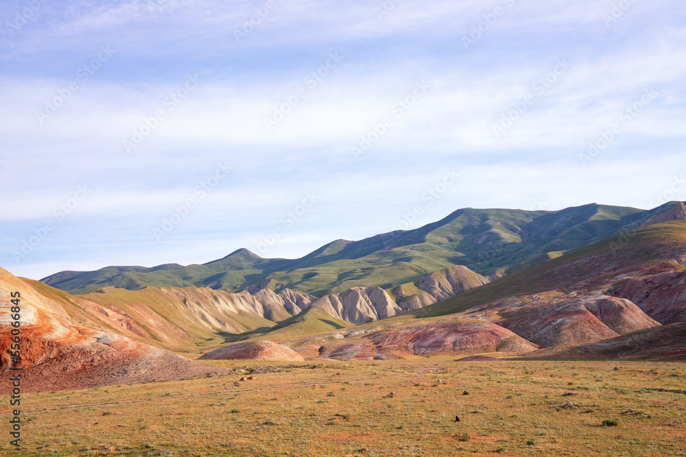 Naklejka premium Mountains with red stripes. Khizi region. Azerbaijan.