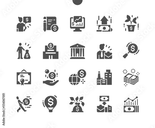 Investments. Bank, business, finance and money. Dollar bill. Contract, certificate and statistics. Vector Solid Icons. Simple Pictogram