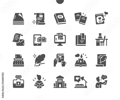 Literature. Paper, letter, scroll, book and diary. Novel, manuscript and story. Favourite literature. Library. Vector Solid Icons. Simple Pictogram