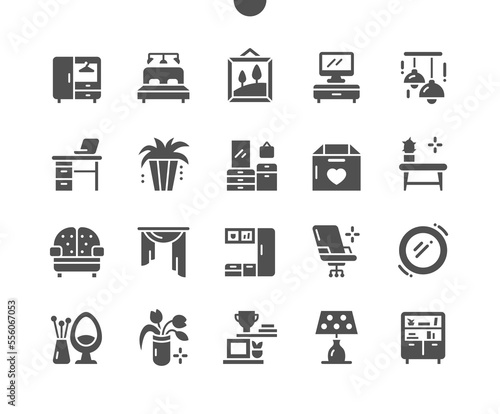 Furniture. Wardrobe, bed, lamp, decor and curtains. Home interior. Modern furniture. Table with cactus. Vector Solid Icons. Simple Pictogram
