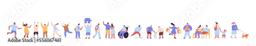 People crowd. Background people silhouette vector horizontal banner. Men and women, parents, kids walking outdoor..