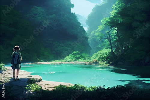 Traveler boy discovering the lost lake in the lush jungle ,made with Generative AI