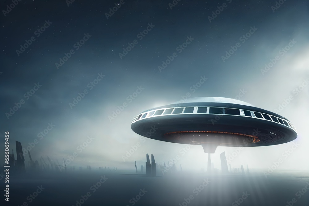 UFO, an alien ship hovering motionless in the air. Unidentified flying object, alien invasion, extraterrestrial life, space travel, made with Generative AI UFO, an alien ship hovering motionless in the air. Unidentified flying object, alien invasion, extraterrestrial life, space travel, made with Generative AI