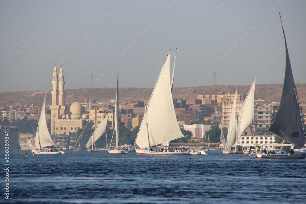 Fototapeta premium Feluccas on the Nile river in the city of Aswan, southern Egypt.