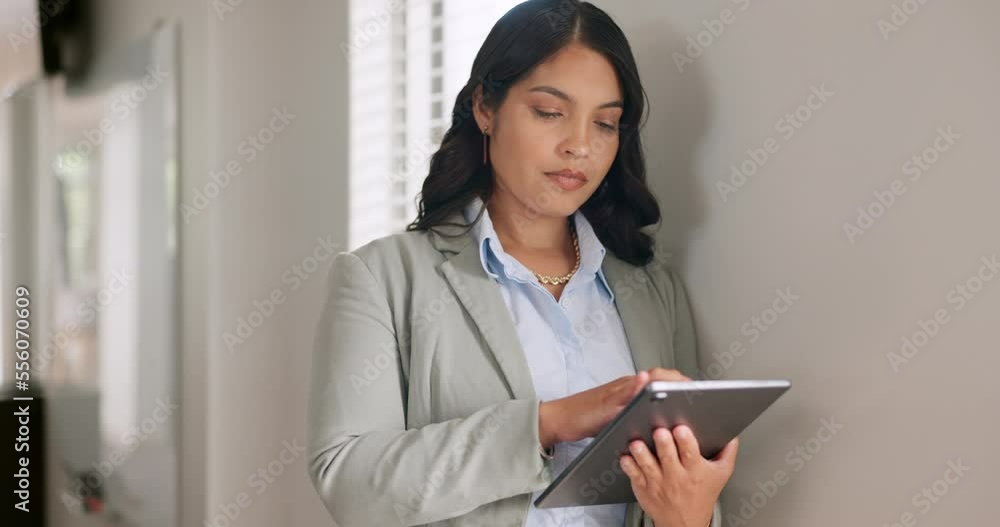 Search, tablet and business woman in office for communication, internet or social media. Technology, networking and planning with employee thinking for online news, digital marketing or data analysis Search, tablet and business woman in office for communication, internet or social media. Technology, networking and planning with employee thinking for online news, digital marketing or data analysis