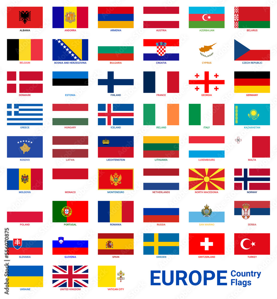 Highresolution Europe country flags are isolated. All Europe flags
