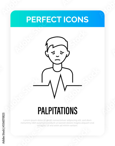 Heart palpitation thin line icon. Heart failure, shortness of breath, arrthythmia, long covid syndrome. Vector illustration.