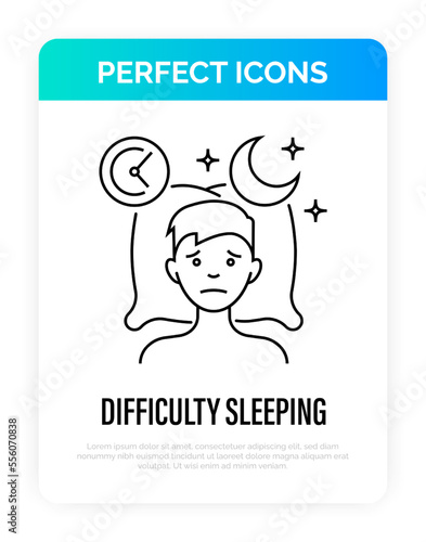 Insomnia: tired man lying on pillow, sleepless, depression, stress. Thin line icon. Vector illustration.
