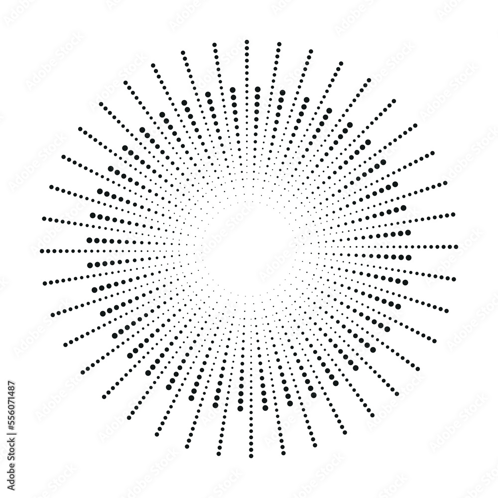 Radial speed lines in circle form for comic books. Fireworks explosion background. Vector illustration. Starburst round Logo. Circular design element. Abstract Geometric star rays.