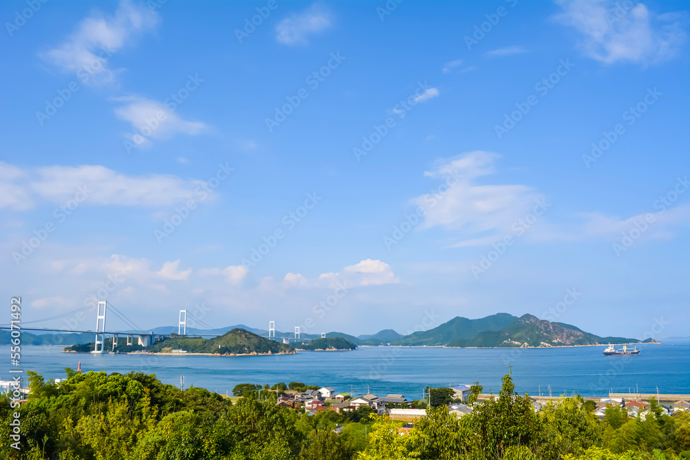 Scenery of Seto Inland Sea from Kurushimakaikyo service area at summer sunny day, Imabari, Ehime, Japan