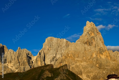 DOLOMITES mountain range in the Italian Alps in summer at sunset