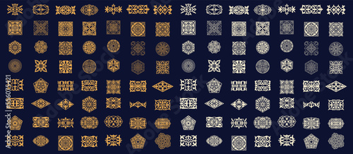 Set of 112 islamic golden ornaments on background in vector. Asian new year gold decorative traditional oriental symbols. Circular ornamental arabic symbols. Abstract Asian elements of the Kazakhs