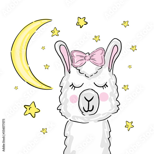 Cute cartoon sleeping llama, doodle vector illustration