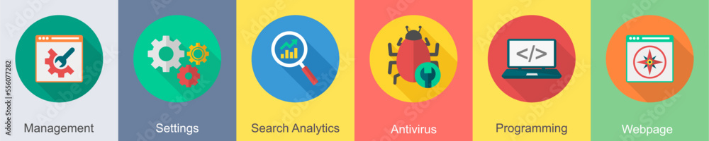 A set of 6 SEO icons as management, settings, search analytics A set of 6 SEO icons as management, settings, search analytics
