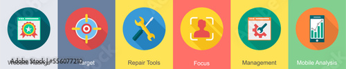 A set of 6 SEO icons as website ratings, target, repair tools