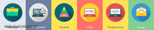 A set of 6 SEO icons as portfolio, responsive, pyramid