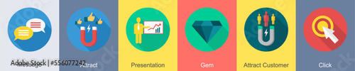 A set of 6 SEO icons as message, attract, presentation