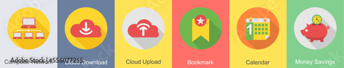 A set of 6 SEO icons as computer network, cloud download, cloud upload