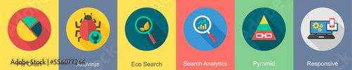 A set of 6 SEO icons as pie chart, antivirus, eco search